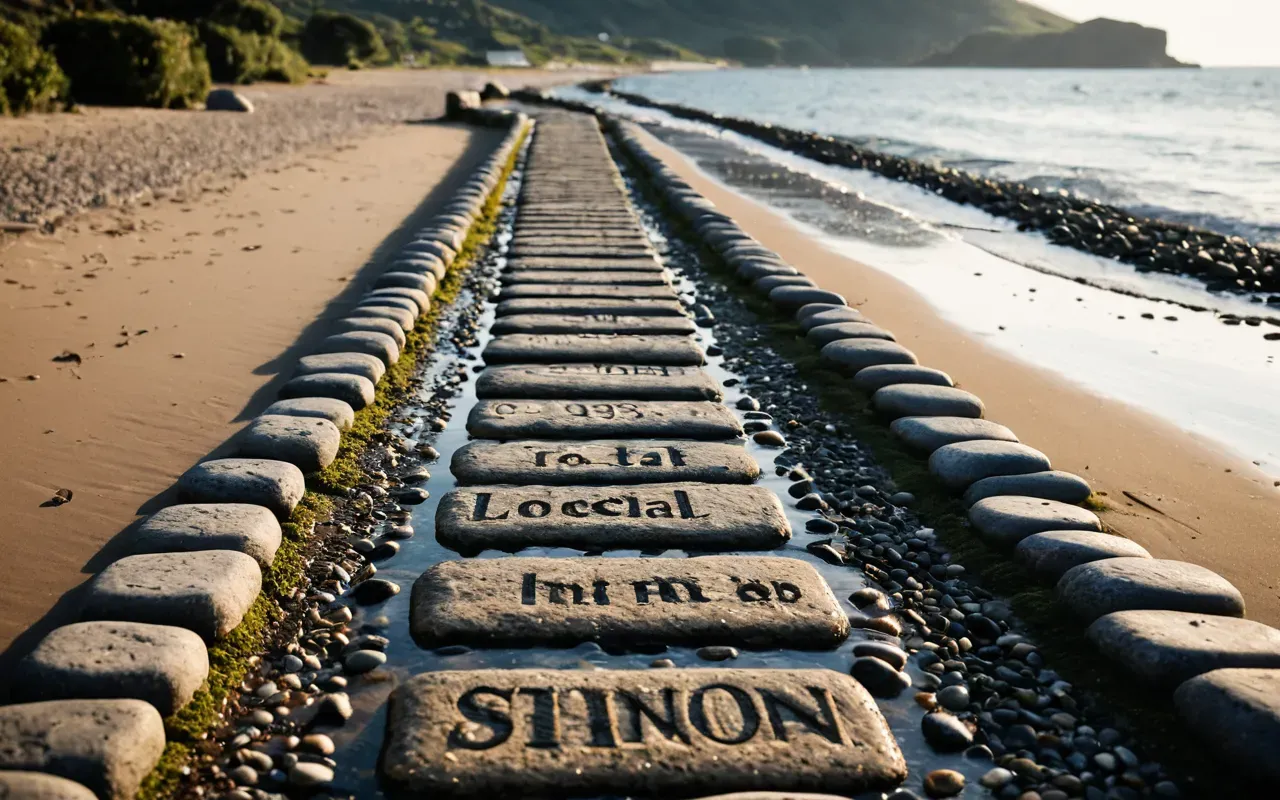A realistic photo of an ancient stone pathway emerging from receding shallow water on a sandy beach. Sunlight glints off the wet stones. No people are visible in the frame to emphasize isolation and age.