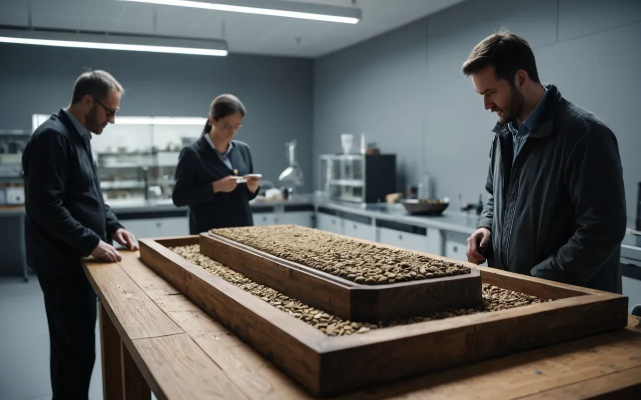 laboratory analysis A realistic photo of researchers examining a preserved ancient wooden artifact under bright lighting in a modern laboratory setting with neutral grey walls and stainless steel tables.