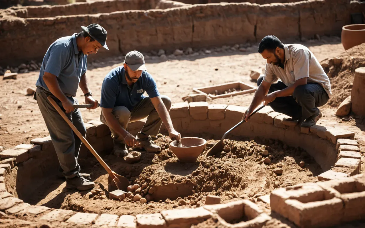 A realistic photo showing a group of diverse archaeologists working together in a sunlit outdoor excavation pit carefully brushing dirt from ancient pottery shards with focused expressions.