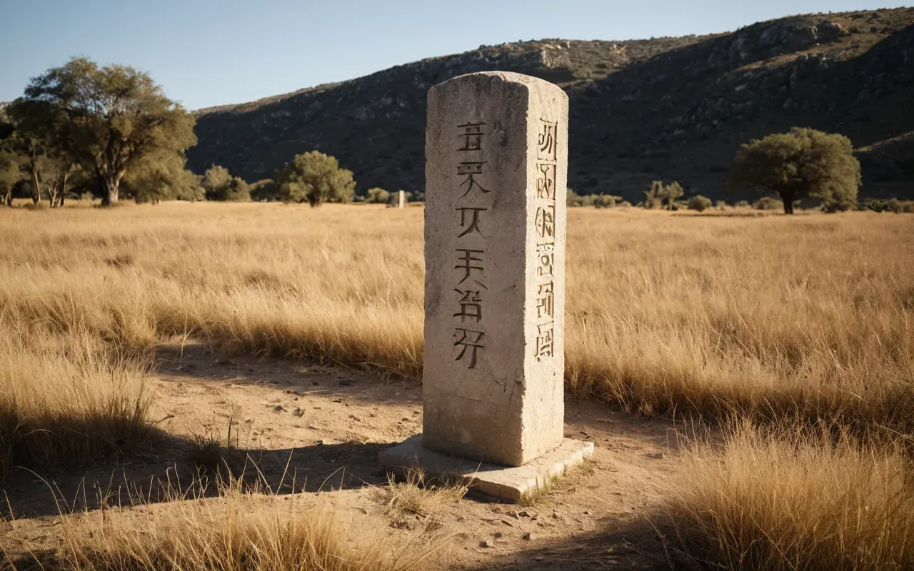 A realistic photograph of a large T-shaped limestone pillar standing in dry grass with soft sunlight casting long shadows across the ground showing detailed animal carvings on its surface without any text or people present.