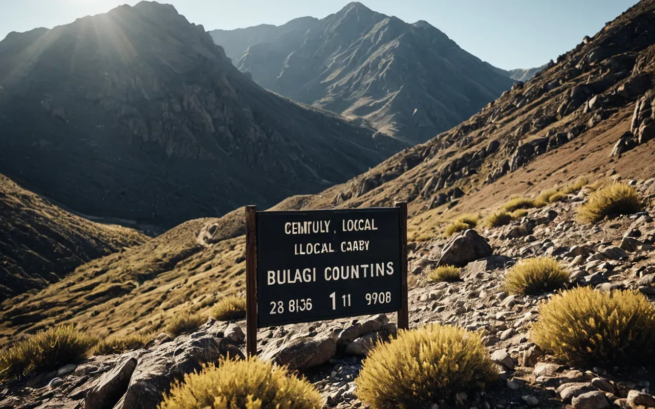 A realistic photograph of a rugged mountainous landscape with steep rocky slopes and sparse vegetation under bright sunlight. In the foreground lies a polished black volcanic stone resting on dry earth near ancient looking ruins without any text or people.