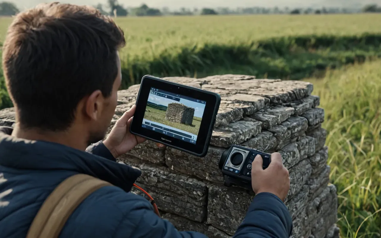 field scanning technology A researcher using a handheld device to scan the surface of an ancient stone structure in the field.