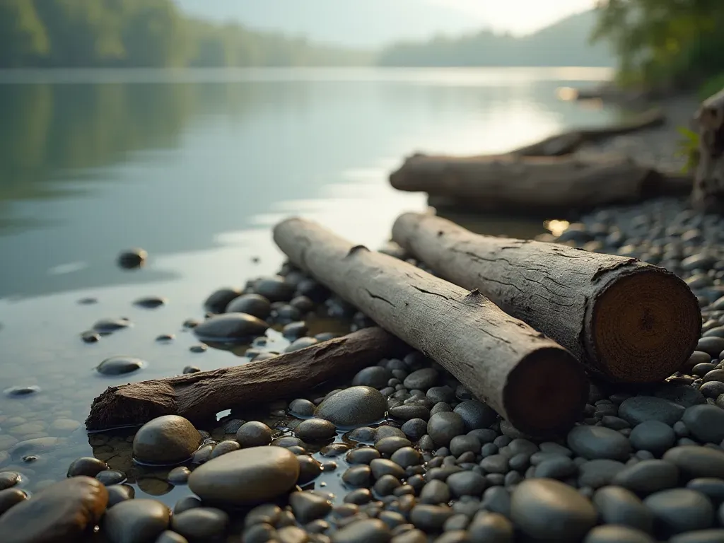 A serene lakeshore with smooth driftwood logs resting on pebbles, soft morning light reflecting off the water surface, evoking an ancient natural setting with lush vegetation in the background.