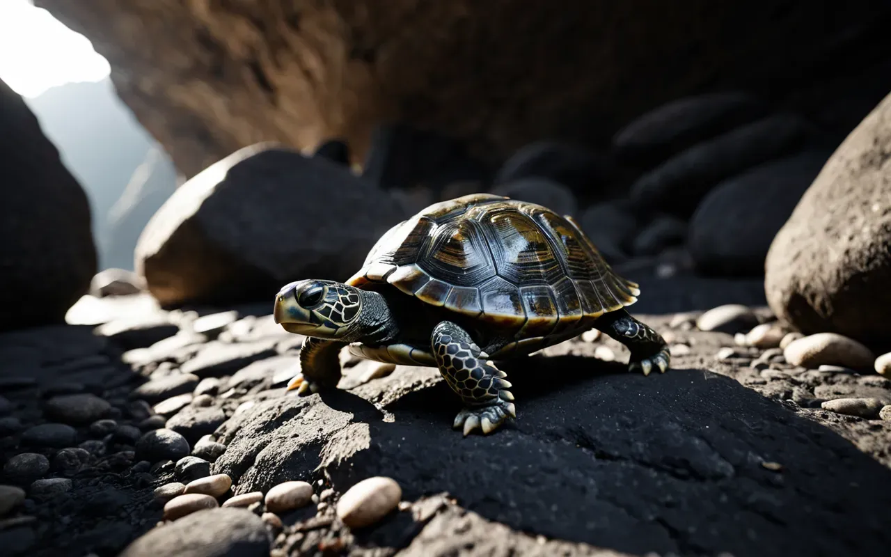 stone turtles A single small stone turtle figurine resting on rough dark cave floor stones under a bright focused beam of white light from above creating deep shadows around the object with no text or labels visible.