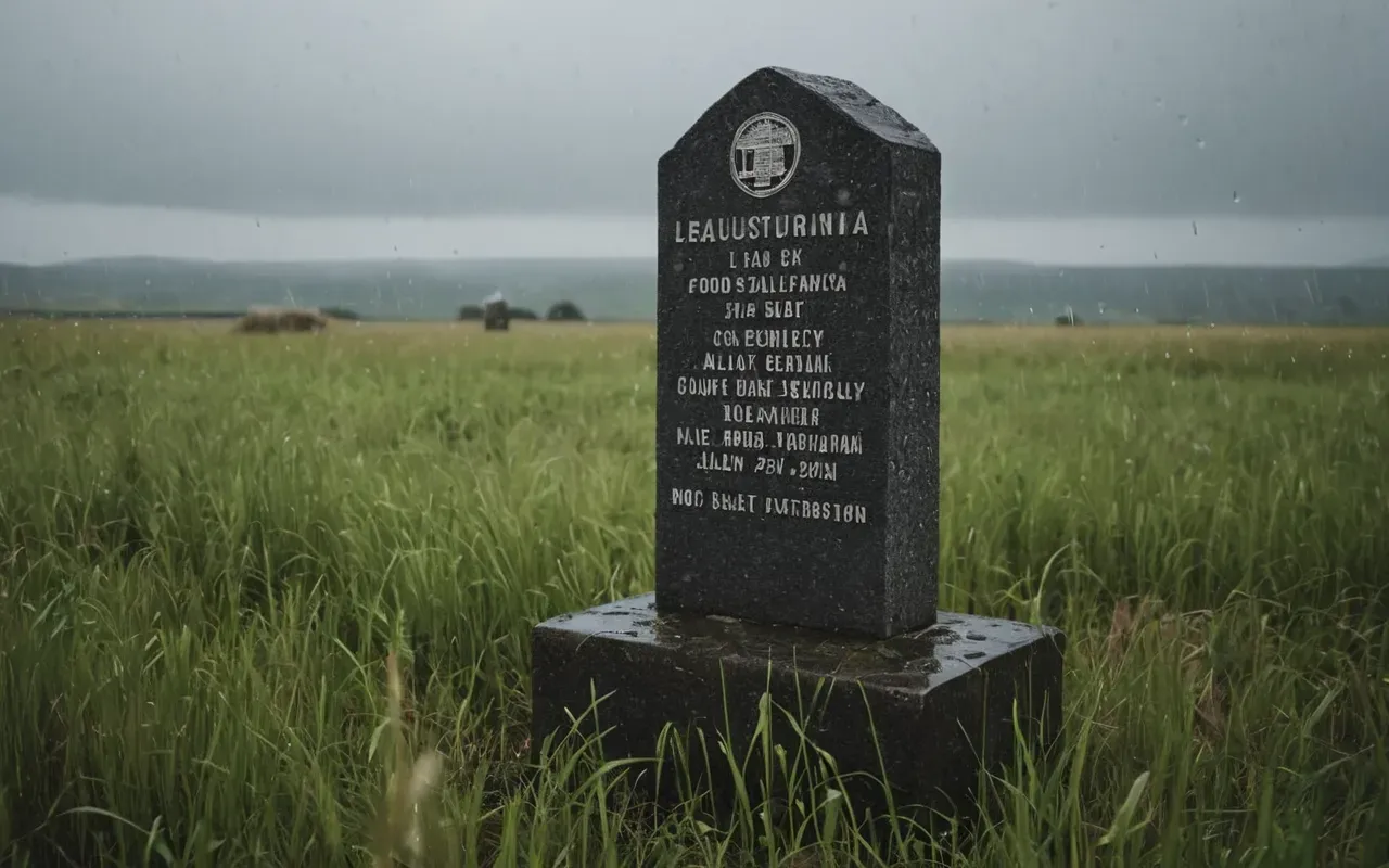 A single stone monument standing alone in a field of tall grass under an overcast sky with rain droplets visible on the surface indicating weathering.