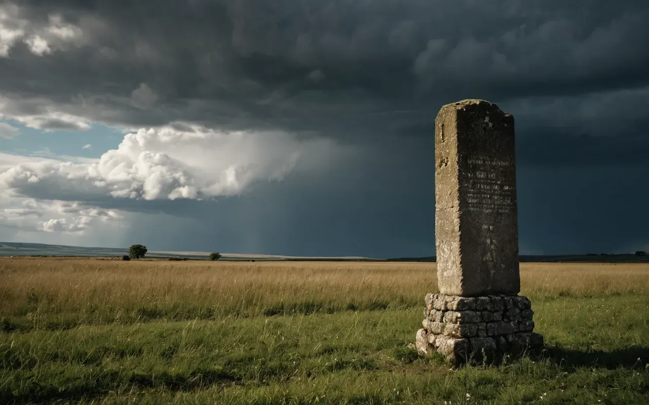 Neolithic monument preservation challenges A solitary ancient stone pillar standing in a field with dramatic cloud lighting. The surrounding area is wild and unmanicured emphasizing the raw power of nature over human constructs.