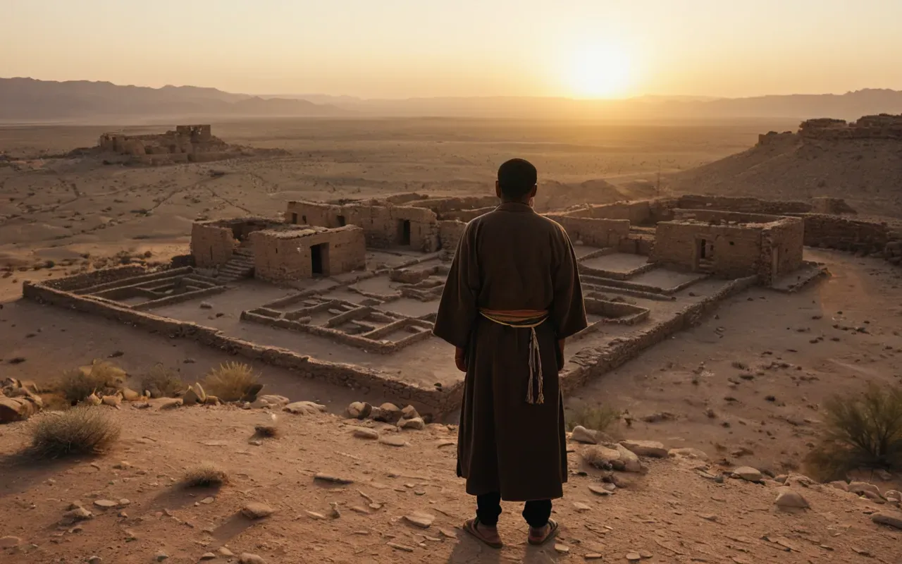 ancient ruins sunset view A solitary figure standing at sunset overlooking a vast arid landscape with ancient stone ruins in the foreground. Warm golden lighting emphasizes solitude.