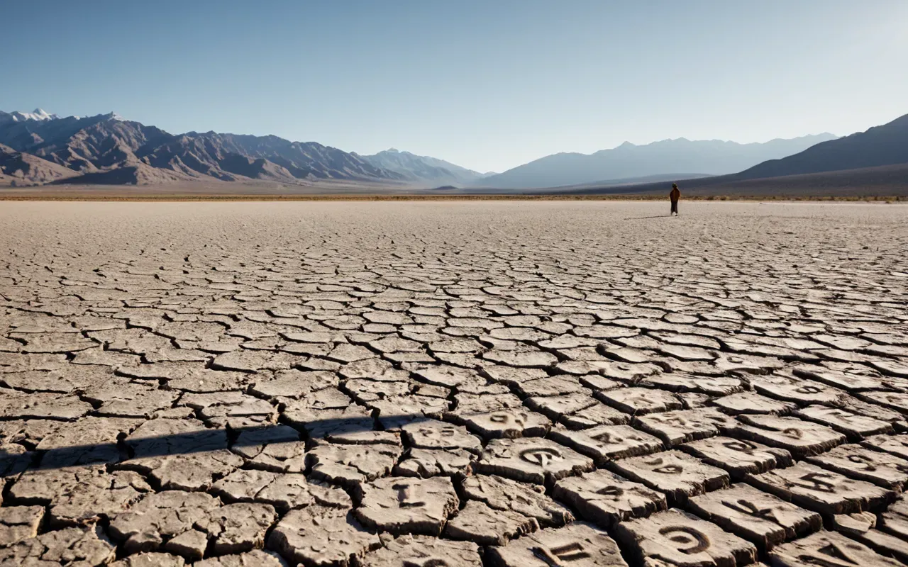 A solitary figure standing at the edge of a dry lakebed looking out over cracked earth stretching toward distant mountains under harsh sunlight.