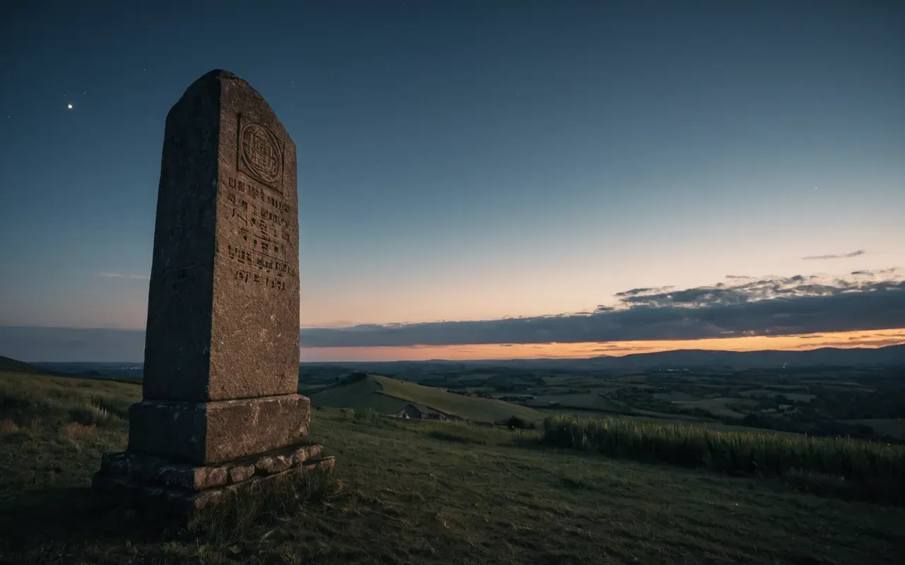 A solitary stone monument standing tall against a dramatic twilight sky. The atmosphere is mysterious and profound with no text overlays.