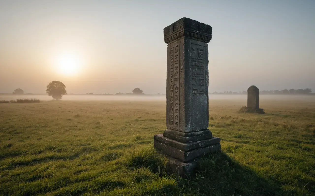 ancient stones A solitary weathered stone pillar standing in a misty open field at dawn. The sun rises faintly behind it casting long shadows across the grass. No people are visible creating a sense of ancient isolation and mystery.