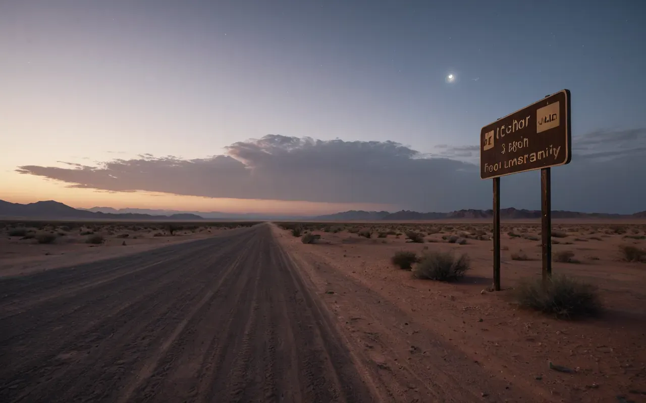 A vast, empty desert landscape under a twilight sky with swirling dust clouds and no visible structures or human presence to suggest past habitation.