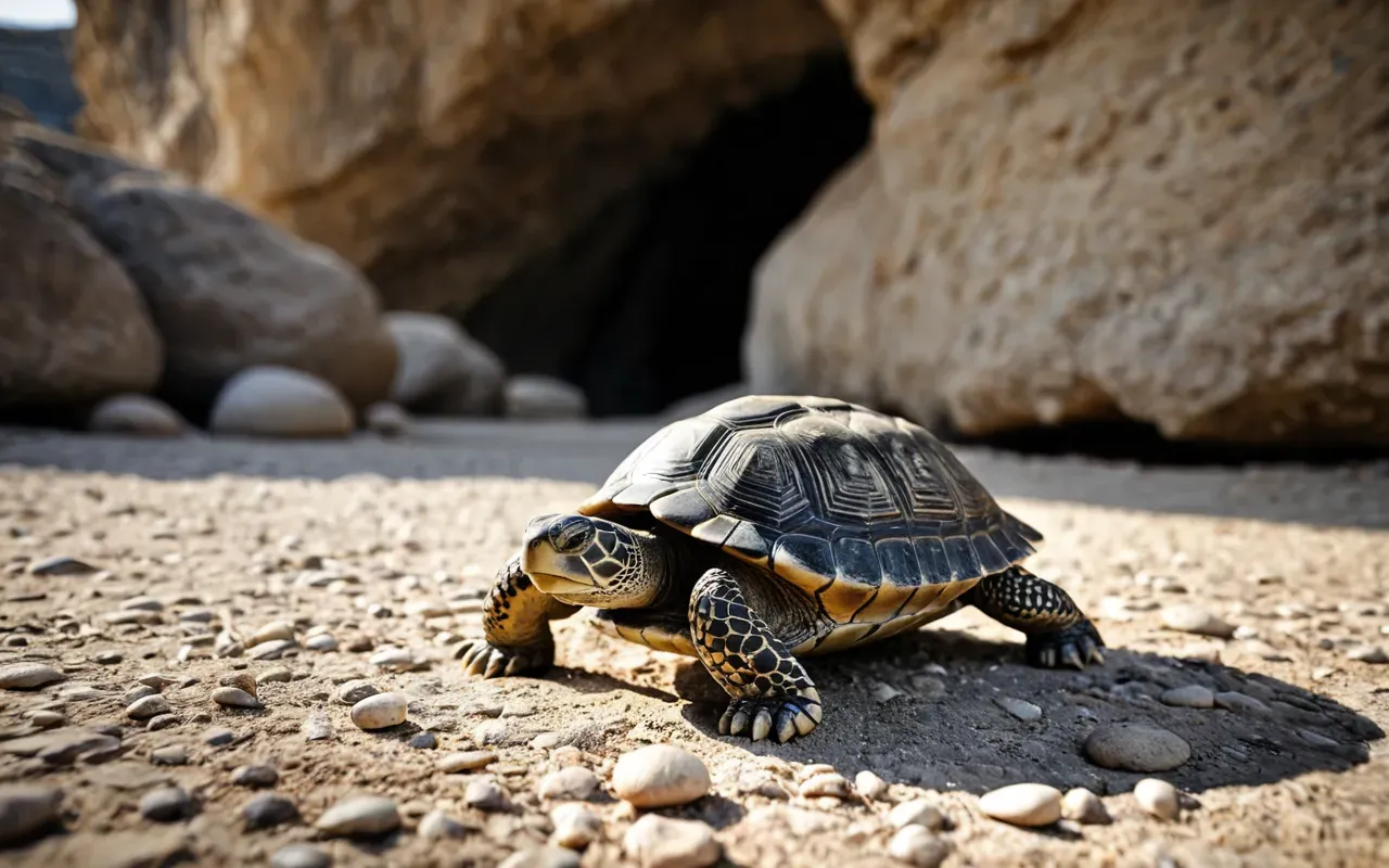 stone turtles in cave A weathered limestone turtle figurine resting on a rough cave floor with soft natural light highlighting its textured shell and smooth base.