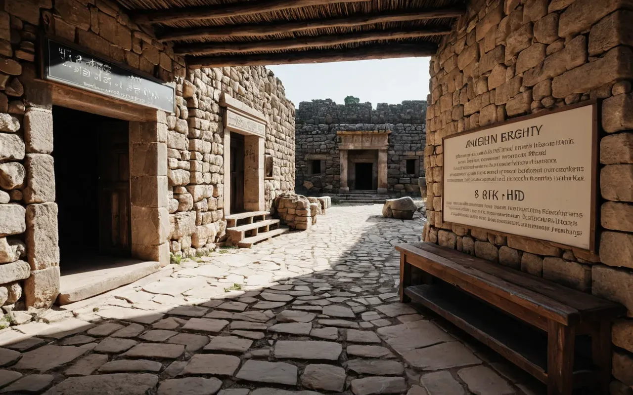 archaeological site infrastructure A wide-angle photograph of ancient stone ruins with newly constructed wooden walkways and modern informational signage in the foreground. The lighting is bright daylight casting sharp shadows on the weathered limestone blocks.