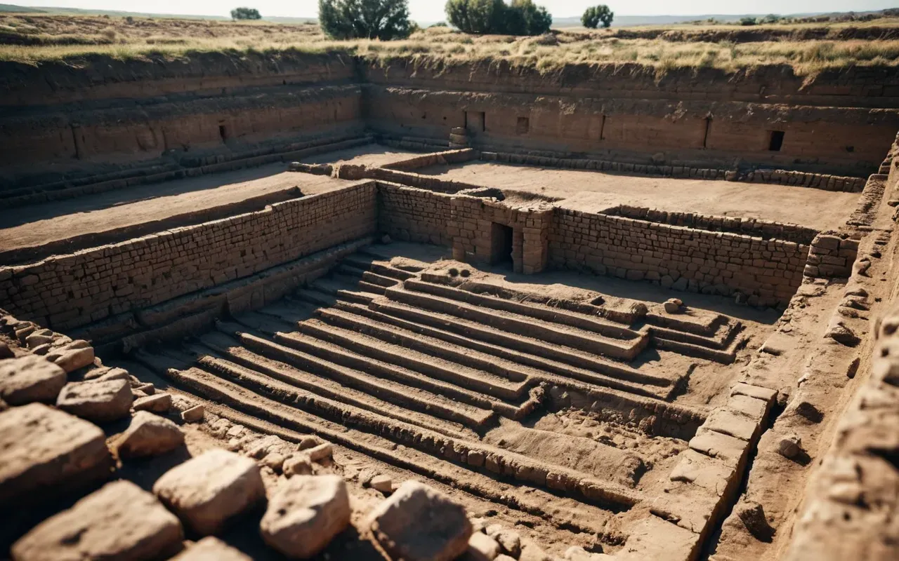 A wide angle realistic photograph of an ancient archaeological excavation site showing stratified soil layers exposed in a trench with clear boundaries between different earth colors under bright daylight.