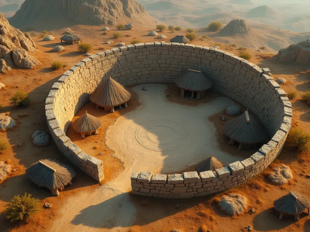 A wide-angle shot of a large circular stone structure embedded in an earthy landscape. Surrounding the central circle are smaller rectangular dwellings with thatched roofs and visible hearths. The lighting is warm, suggesting late afternoon sun casting long shadows across the uneven terrain.