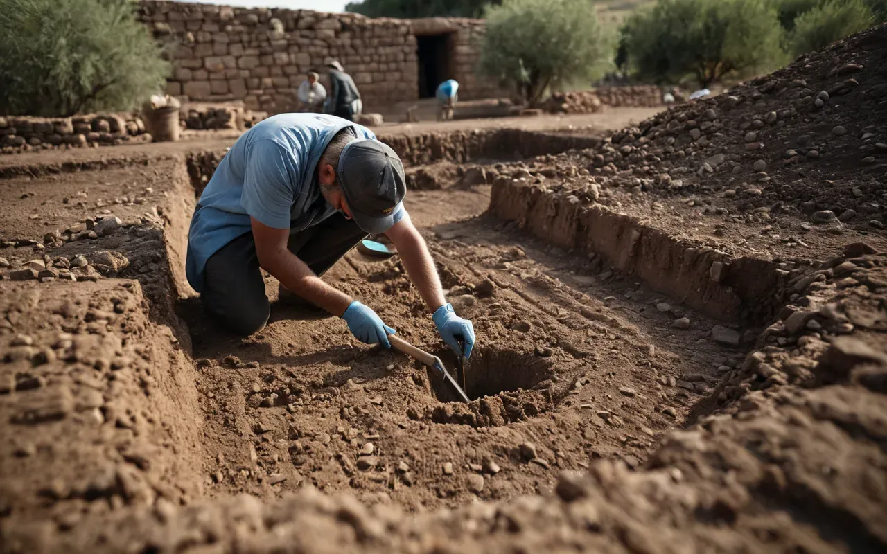 archaeological excavation A wide-angle shot of an ancient archaeological excavation site showing researchers carefully brushing dirt away from layered soil deposits containing visible fossil fragments under bright daylight with neutral tones.