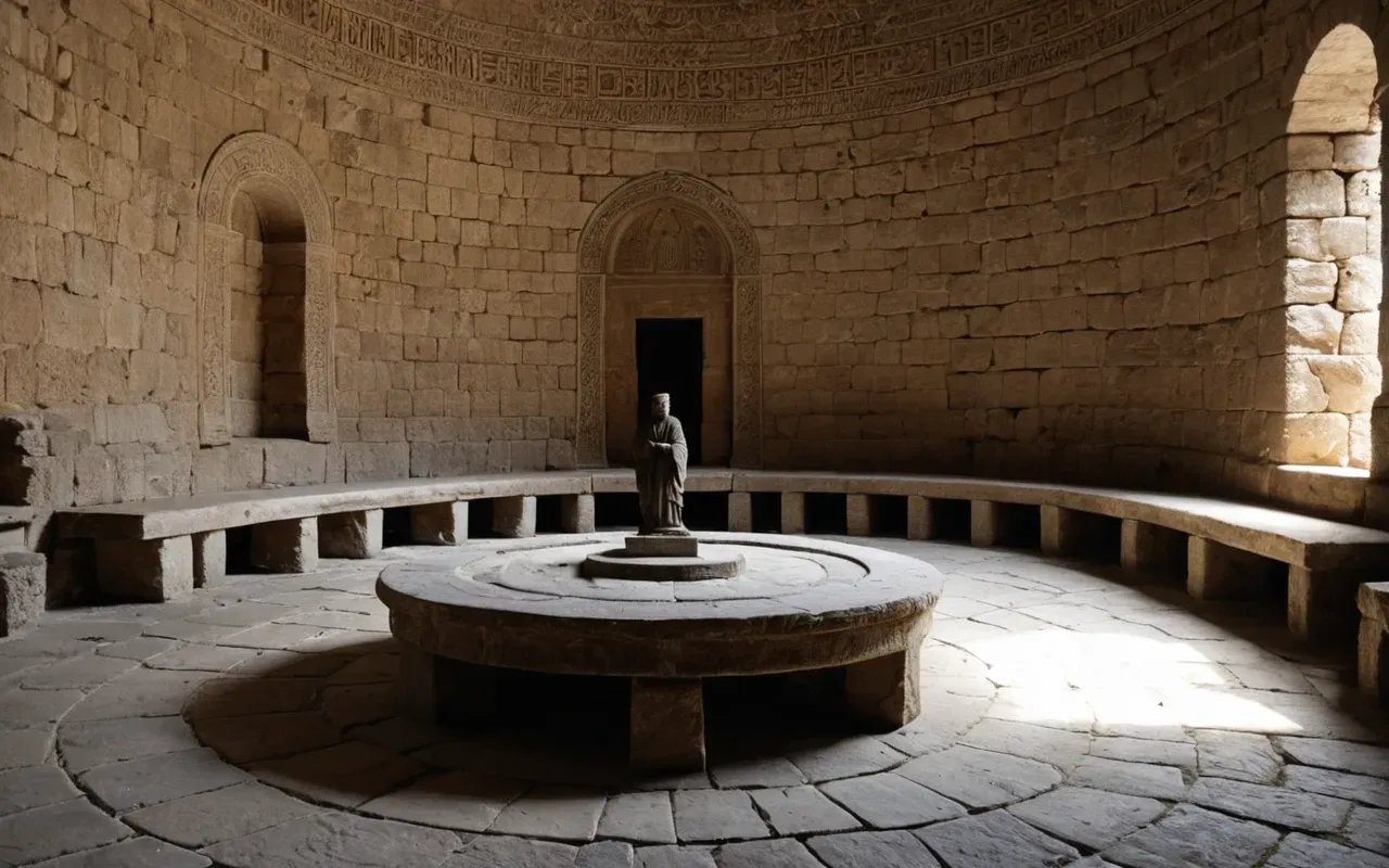 A wide angle shot of an ancient circular stone room with low benches along the walls and a single small statue placed in the center under soft natural light from a doorway.
