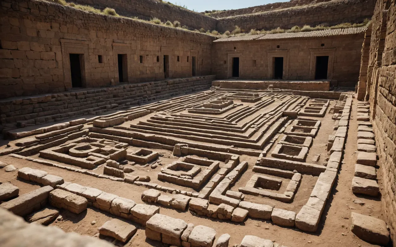A wide-angle shot of an archaeological excavation site with layers of earth revealing ancient stone structures beneath showing careful digging patterns and exposed limestone formations under bright daylight without any modern equipment visible.