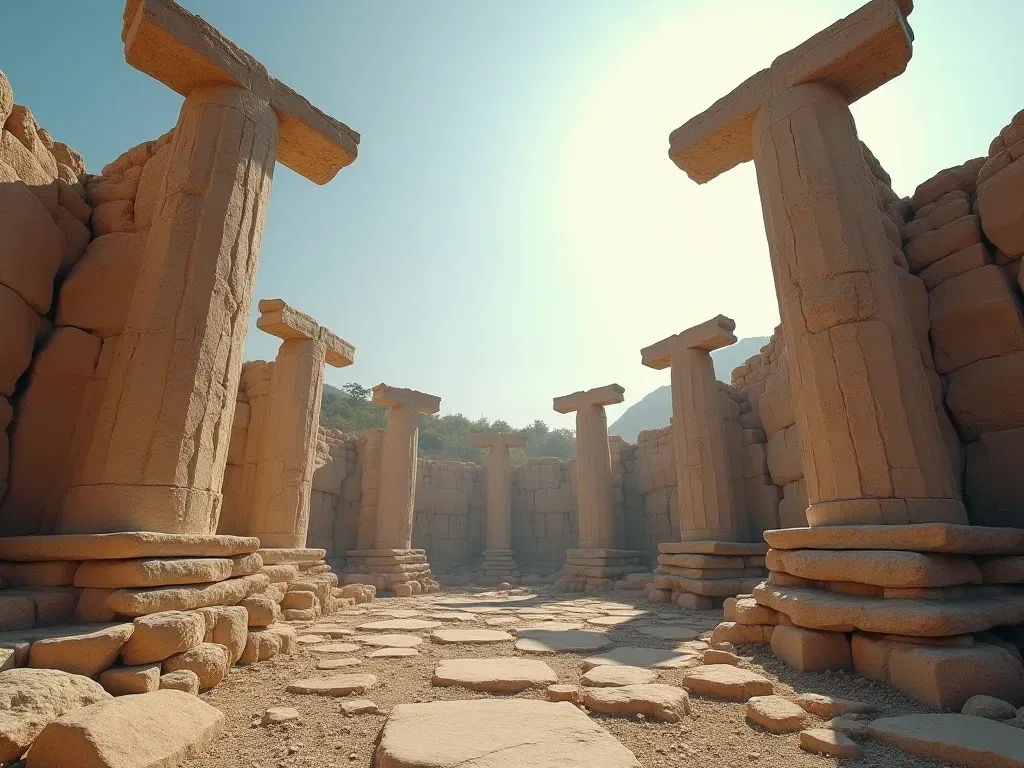T-shaped stone pillars A wide-angle shot of massive T-shaped limestone pillars standing in a circular formation under bright daylight. The stones are rough-hewn with intricate animal carvings on their sides. Dust motes float in the air, highlighting ancient craftsmanship.