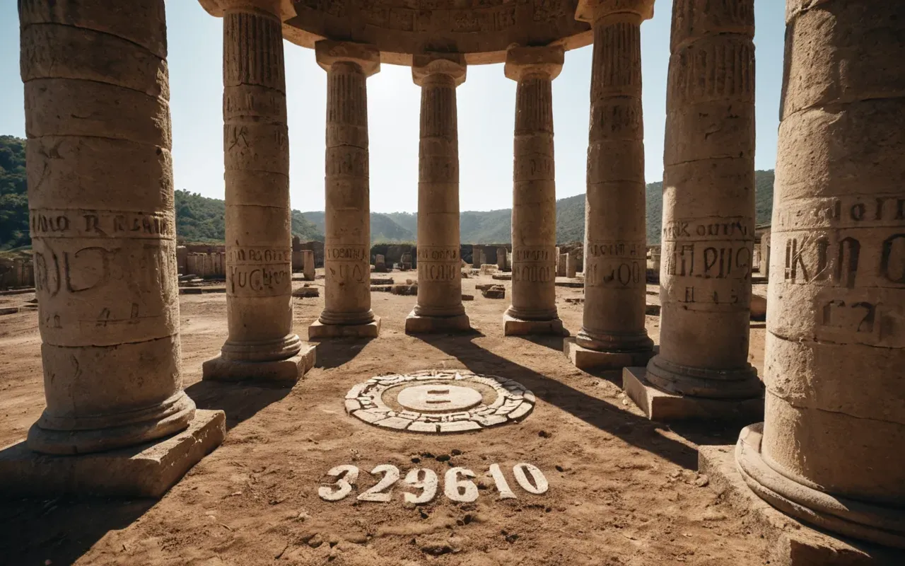 A wide angle shot of massive T-shaped limestone pillars standing in a semi-circle arrangement under natural sunlight. The ground is covered with dry earth and scattered stones.