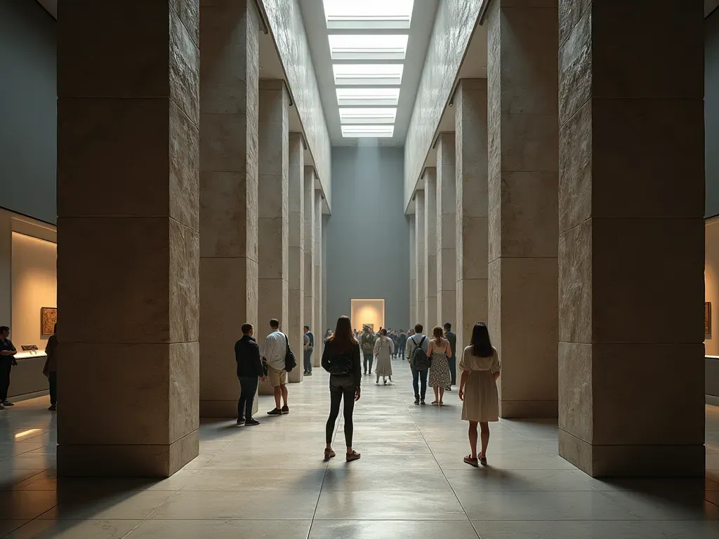 A wide-angle view inside a modern museum gallery with dim lighting and stone T-shaped pillars arranged in circles. Visitors look up at the massive structures with curiosity.