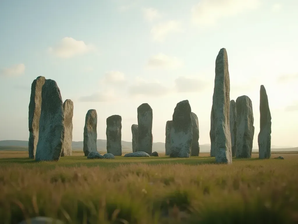 A wide-angle view of a circular arrangement of large standing stones in an open field. The stones are weathered limestone with rough-hewn surfaces. The ground between the stones is covered in loose gravel and sparse dry vegetation. The lighting is dramatic, with low-angle sunlight creating high contrast and deep shadows that accentuate the monumental scale of the enclosure. The horizon is clear and uncluttered, emphasizing isolation and timelessness. No people, text, or modern objects are visible.
