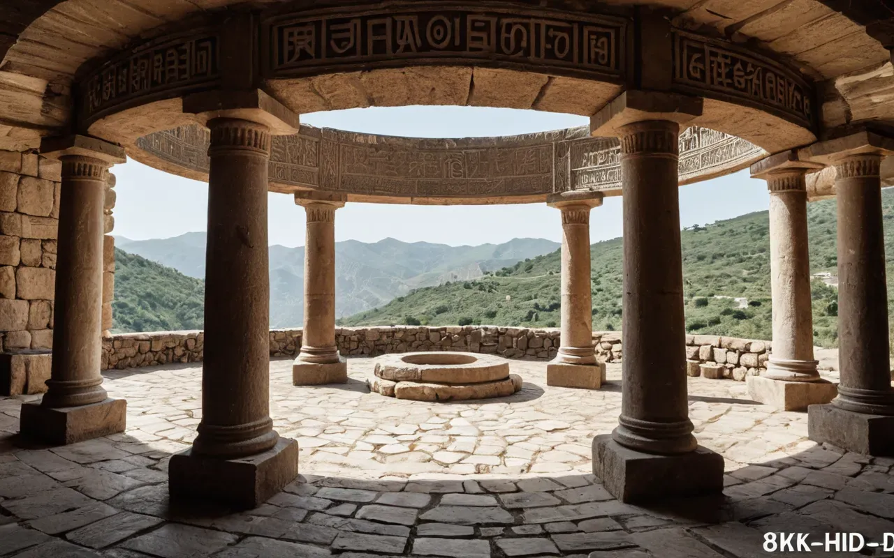 T-shaped pillars A wide-angle view of a circular enclosure made of large T-shaped stone pillars arranged in a ring under bright daylight.