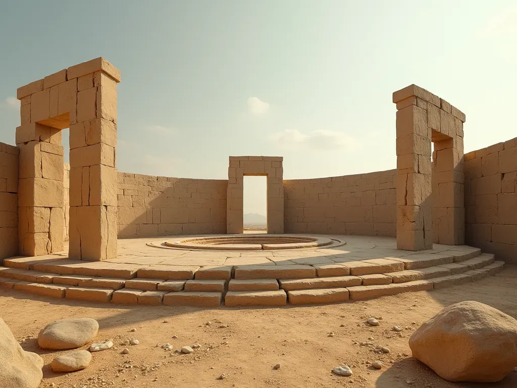 Göbeklitepe stone pillars A wide-angle view of a circular stone enclosure with T-shaped pillars rising from the earth. The ground is dusty and dry with small rocks scattered around the base. Soft afternoon light casts long shadows across the textured stone surfaces creating deep contrast.