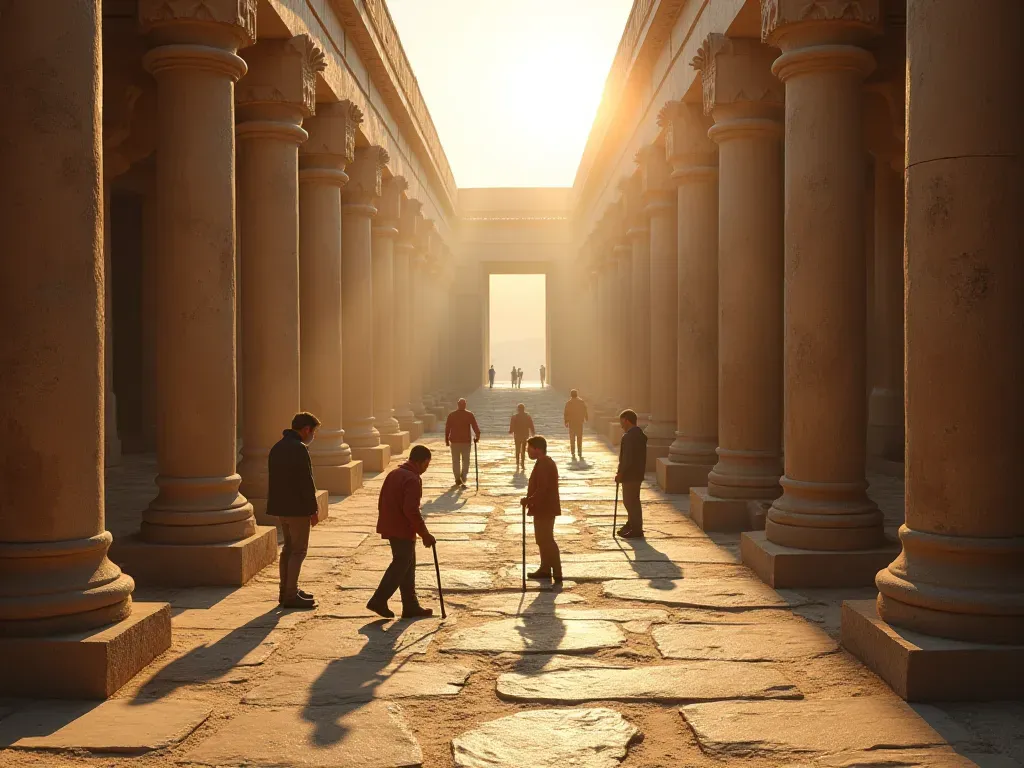 A wide angle view of a stone enclosure with large pillars and small human figures working together in the warm evening light.