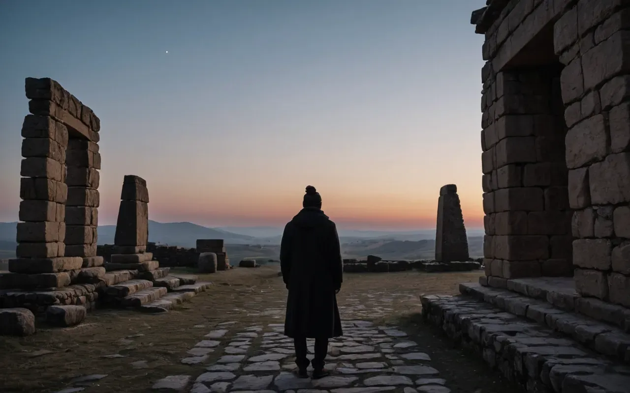 scale of history human vs monument A wide shot of a modern person standing small before massive ancient stone structures silhouetted against twilight sky. The mood is contemplative highlighting scale difference between individual and history.
