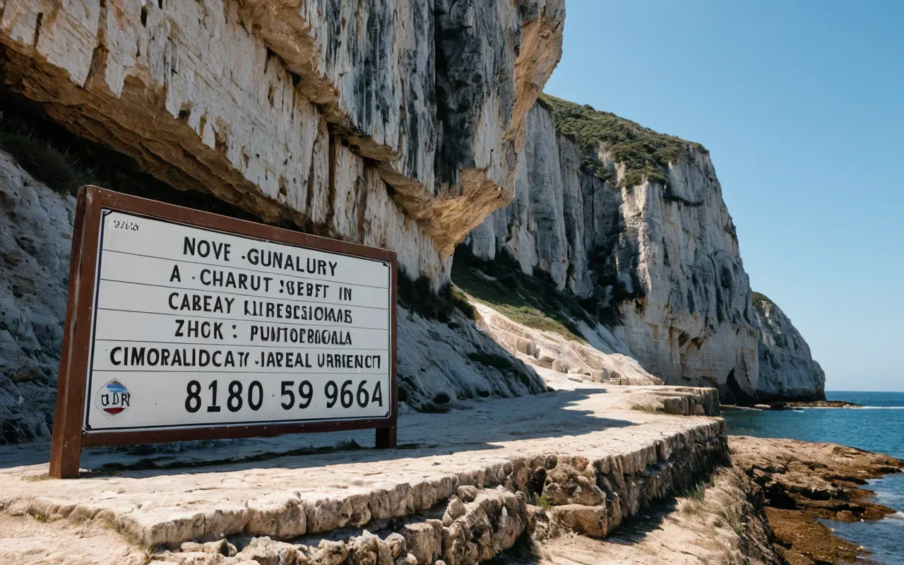 coastal geology ancient sites A wide shot of rugged limestone cliffs near the sea with clear blue sky above showing natural erosion patterns typical of coastal geological formations.