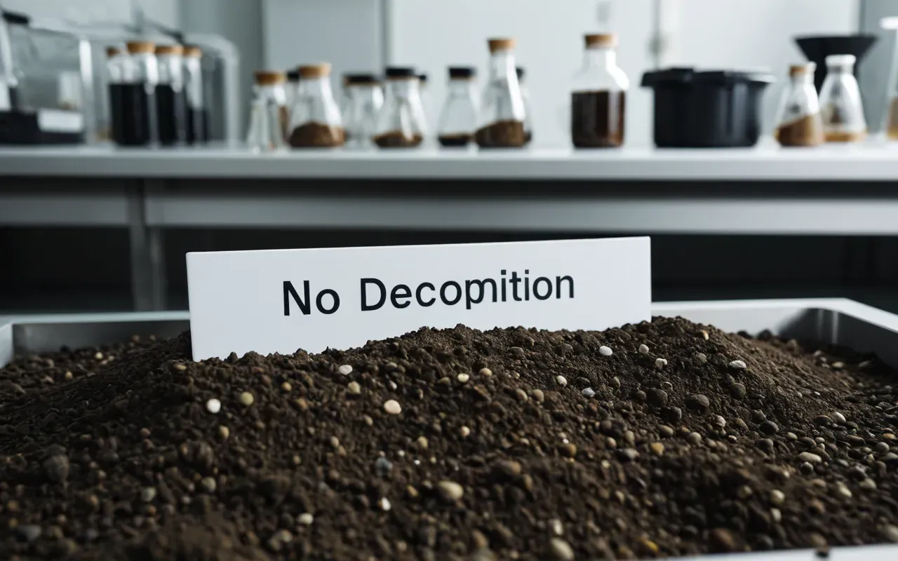 Abstract artistic representation of soil layers and organic matter decomposition in a clean laboratory setting with scientific tools visible but no human subjects or text labels.