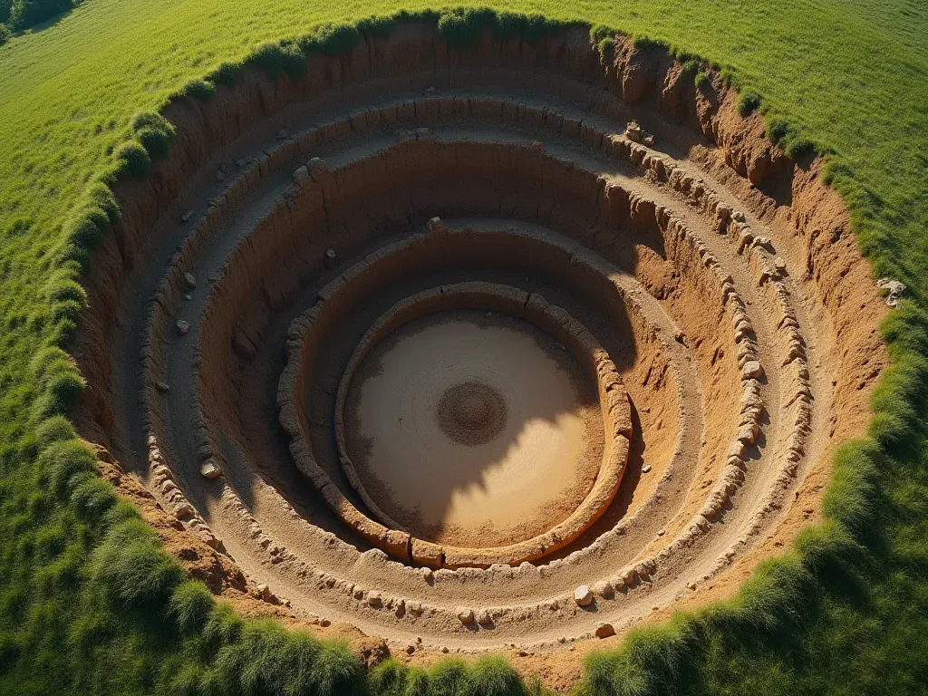 Aerial drone shot looking down at a circular excavation pit with concentric rings of earth and stone visible in the soil layers surrounded by flat grassland under overcast grey skies creating soft even lighting without harsh shadows