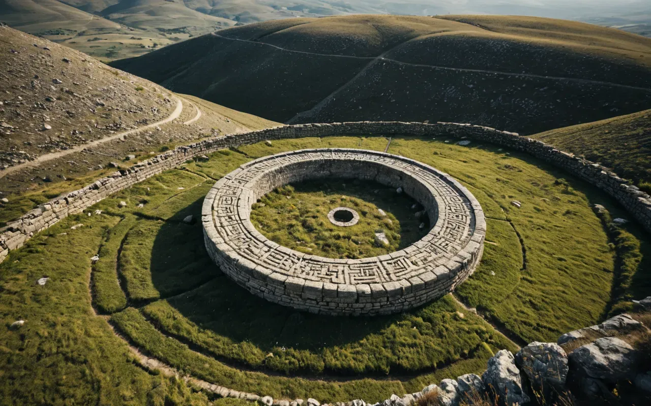 hilltop sanctuary Aerial view of a rolling hill landscape with sparse vegetation and distinct circular depressions indicating ancient structural foundations visible from above in soft morning light