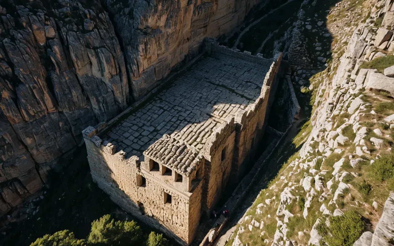 archaeological site Aerial view of a steep rocky cliff face with ancient stone ruins carved into it under bright sunlight showing dramatic shadows and texture no text or people visible