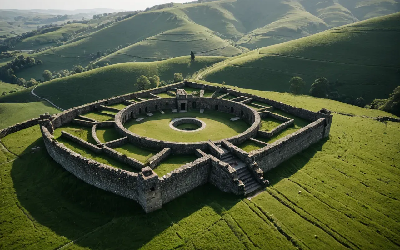 Aerial view of a vast ancient stone enclosure nestled in green rolling hills. The landscape is serene and untouched by modern infrastructure.