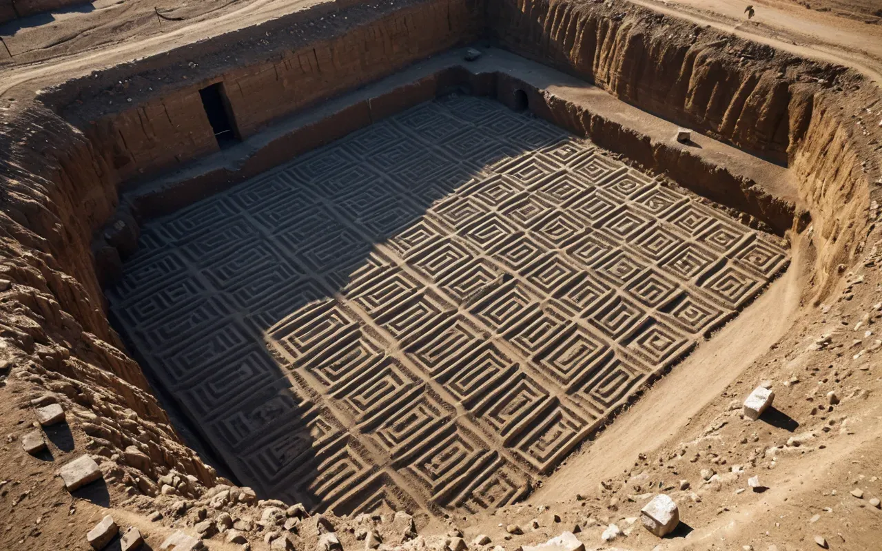 Aerial view of an archaeological excavation pit with neatly arranged stone layers and dirt mounds under bright sunlight showing the scale of human intervention in a natural landscape without any signage or people.