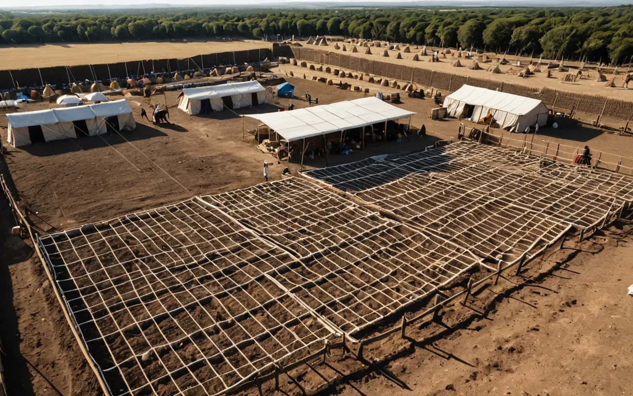 Aerial view of archaeological excavation site with careful grid lines marked out on earth surface surrounded by protective fencing and small tents under bright sunlight