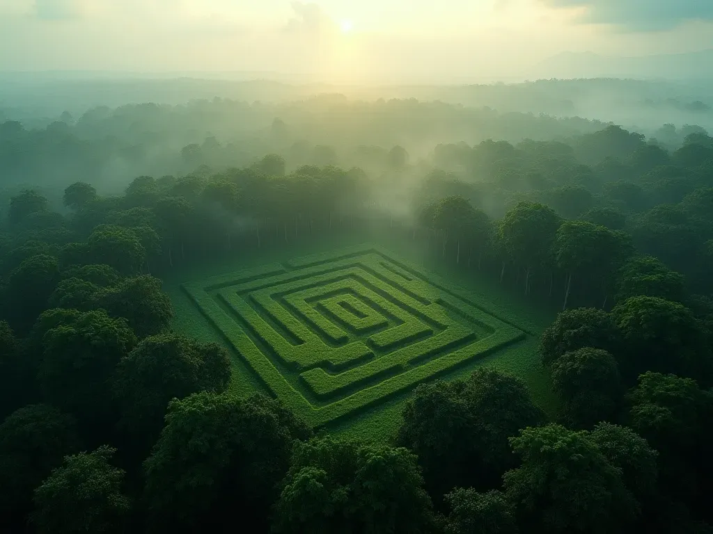 Aerial view of dense green rainforest canopy revealing faint geometric rectangular earthworks hidden among the trees with soft morning light filtering through mist showing archaeological survey markers on the ground