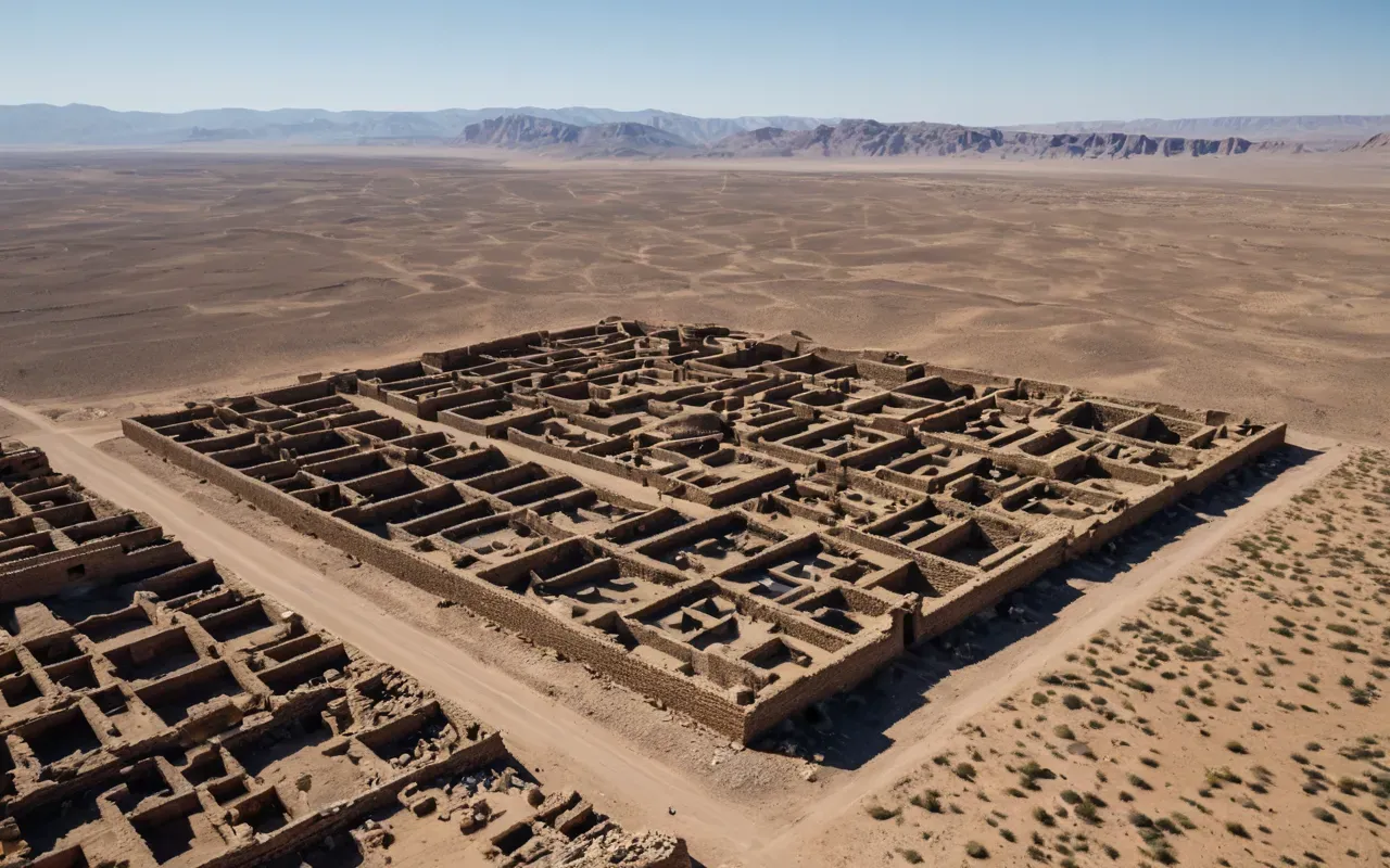 southeastern turkey landscape archaeology Aerial view of vast arid landscape with scattered ruins visible in distance under clear blue sky showing sense of scale and isolation typical archaeological sites