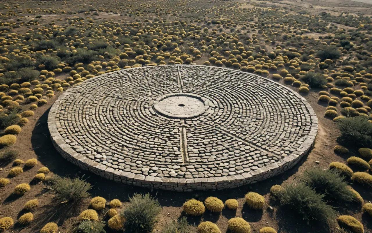 archaeological site layout Aerial view showing vast expanse of flat plateau dotted with circular arrangements of large stones surrounded by sparse vegetation under bright midday sun highlighting geometric patterns.