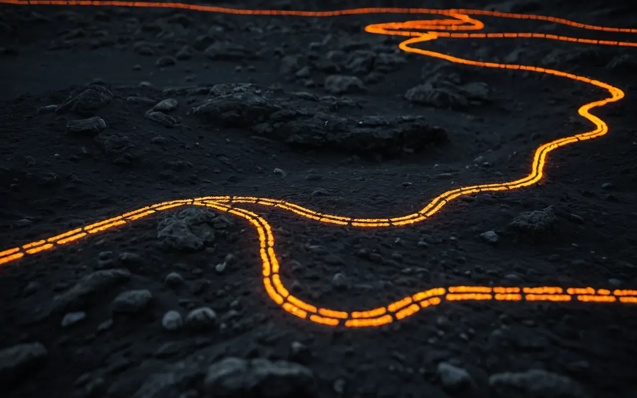 An abstract conceptual visualization of ancient migration routes represented by glowing orange lines weaving through a dark textured landscape with shadowy mosquito silhouettes interrupting the paths suggesting hidden barriers.