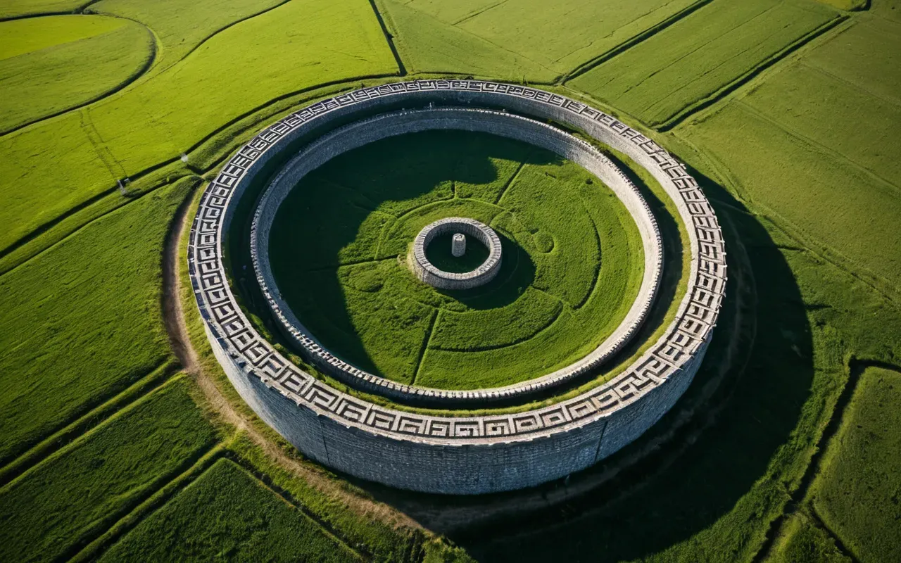 An aerial view of large geometric earth mounds and ditches arranged in a circular pattern on flat green grassland under a clear blue sky.