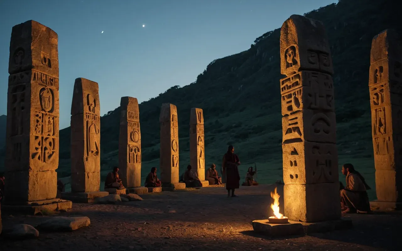 An artistic interpretation of prehistoric humans gathering around large stone pillars at dusk with torchlight illuminating carved animal figures on the stones creating dramatic shadows and conveying a sense of awe without showing specific ethnic features.