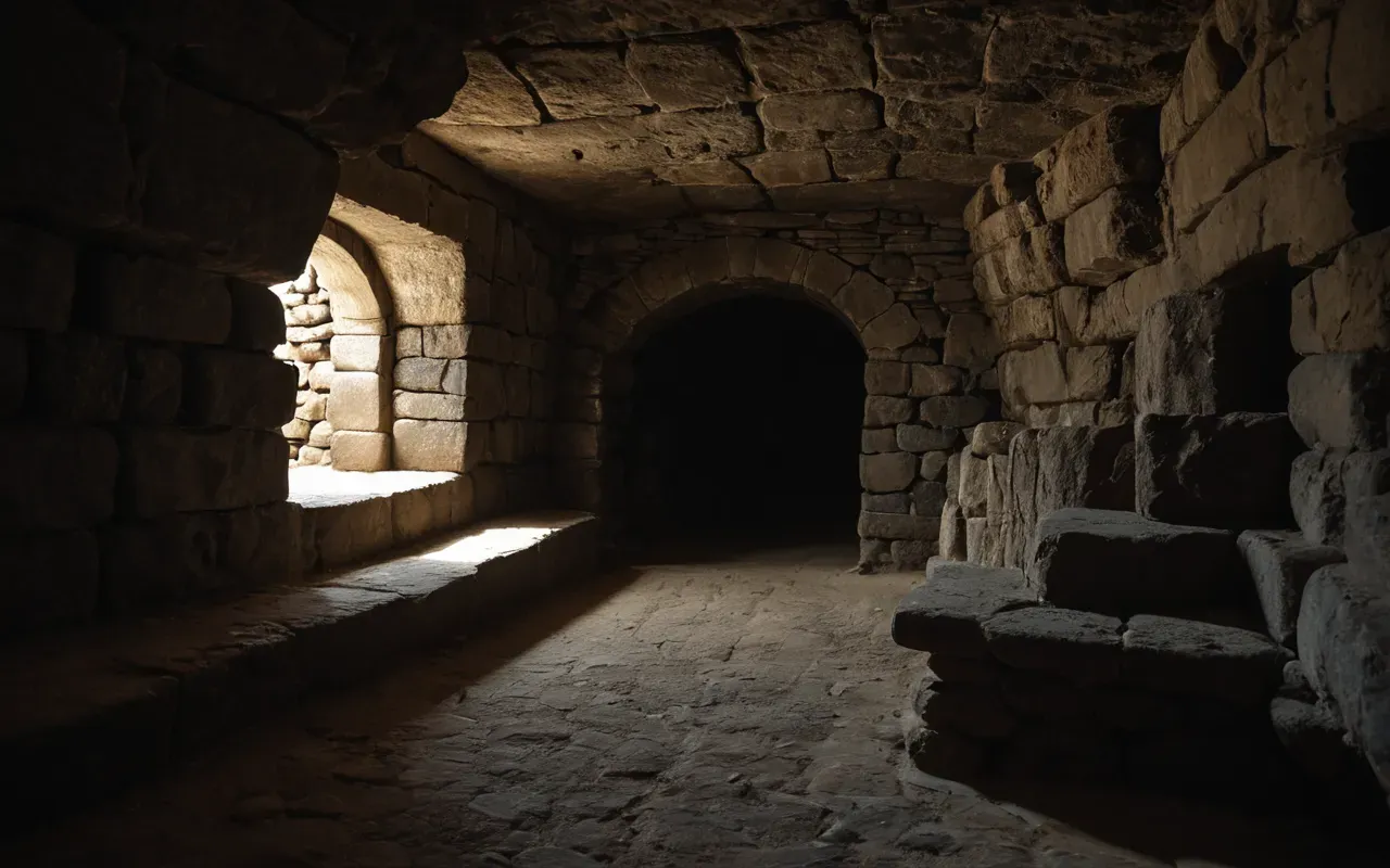 cave atmosphere An empty dark cave interior with rough stone walls illuminated by a single soft light source creating deep shadows in the corners suggesting an ancient dwelling.