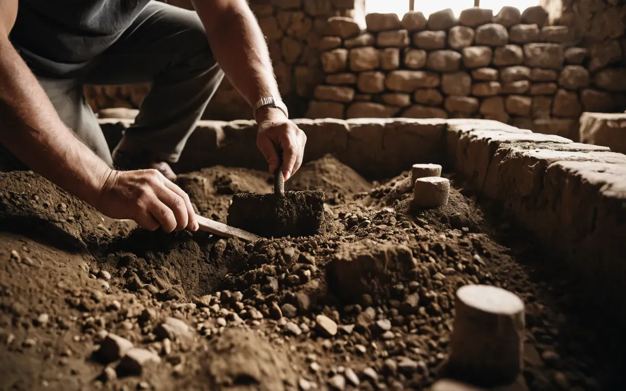 Archaeologists carefully brushing dirt off ancient stone artifacts in a deep excavation trench with wooden supports visible along the vertical walls under bright sunlight