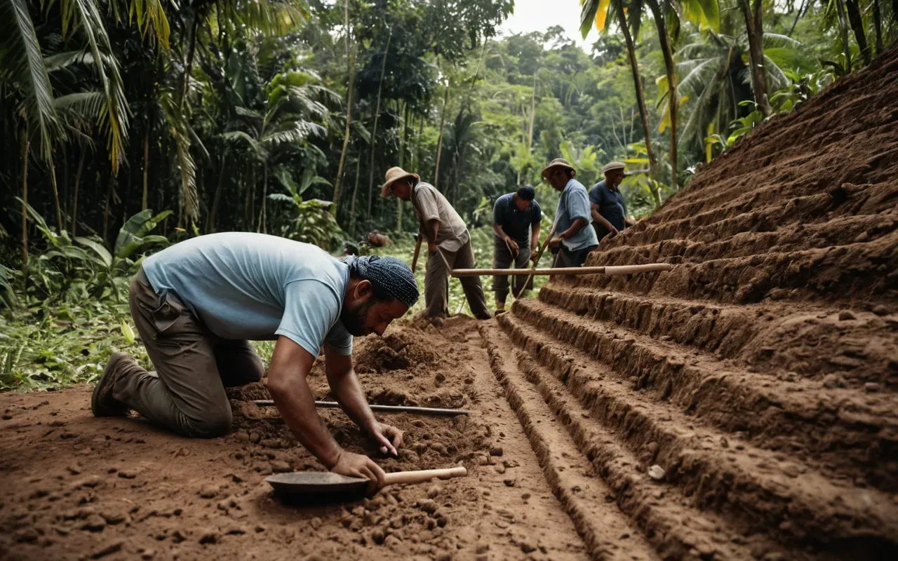 future archaeological research Archaeologists working carefully in dense jungle clearing examining soil layers near base of large earthen mound using trowels brushes measuring tapes under bright sunlight wearing protective gear focused expressions showing scientific fieldwork process realistically photographed no text present anywhere in image frame