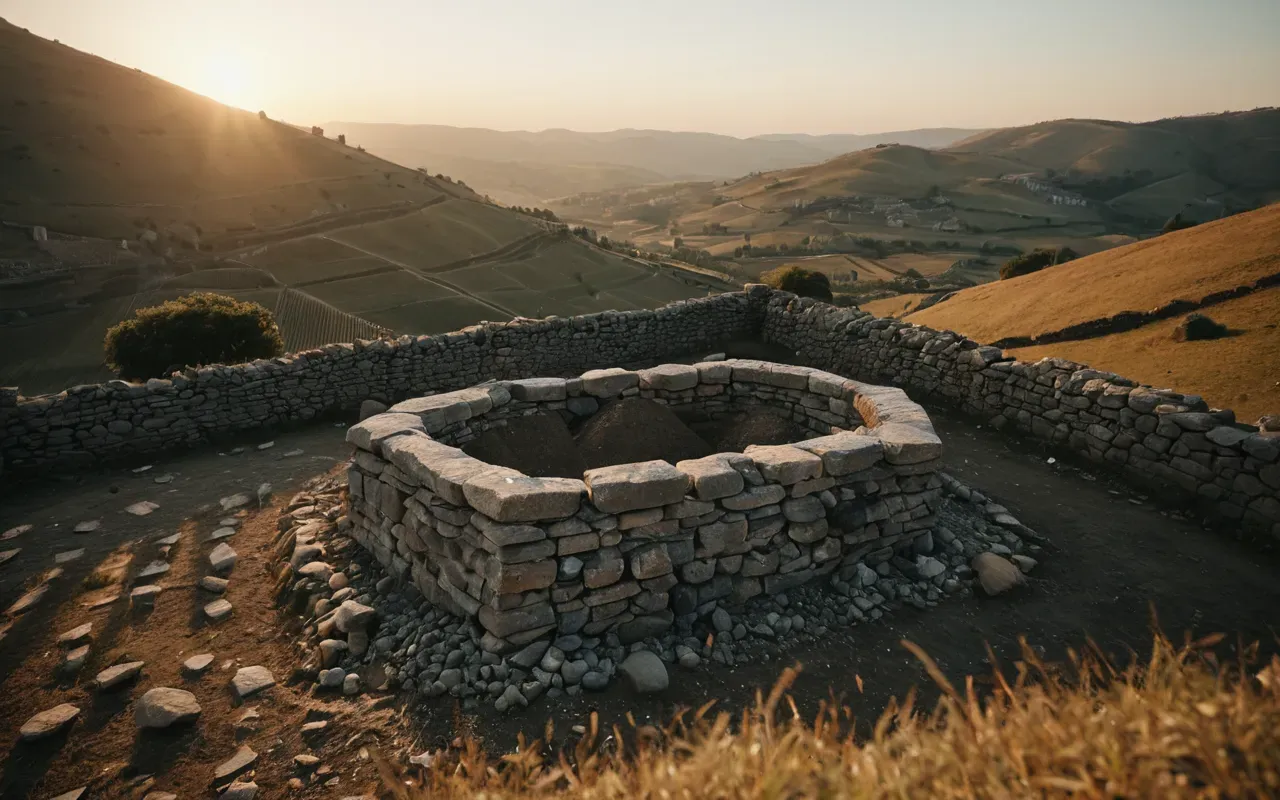 ancient burial practices illustration Artistic interpretation of ancient people burying large stone structures with earth and rubble during sunset in a hilly landscape using warm cinematic lighting