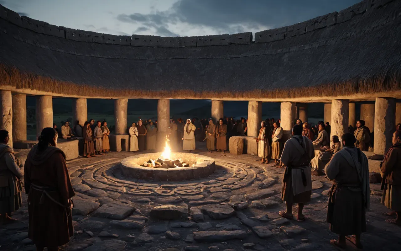 Artistic rendering reconstruction showing Neolithic people gathering around large circular stone structures at dusk with warm torchlight illuminating carved limestone pillars and participants engaged in storytelling gestures.