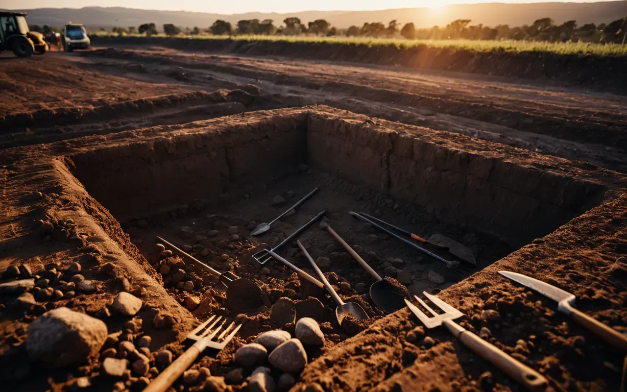 gobekli tepe excavations Atmospheric shot of an excavation site at dusk showing layered earth profiles and careful digging tools arranged neatly on the ground with warm ambient light